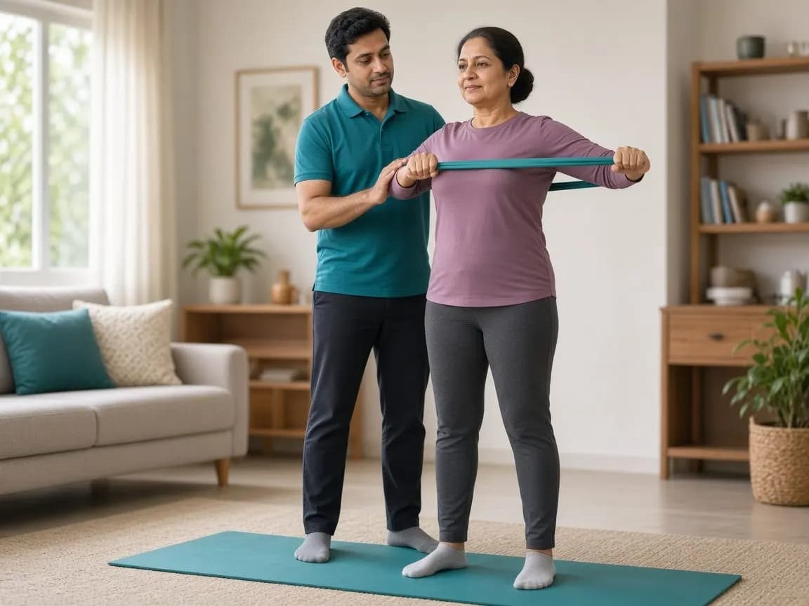 Quick Physio physiotherapist guiding a patient through a resistance-band exercise at home